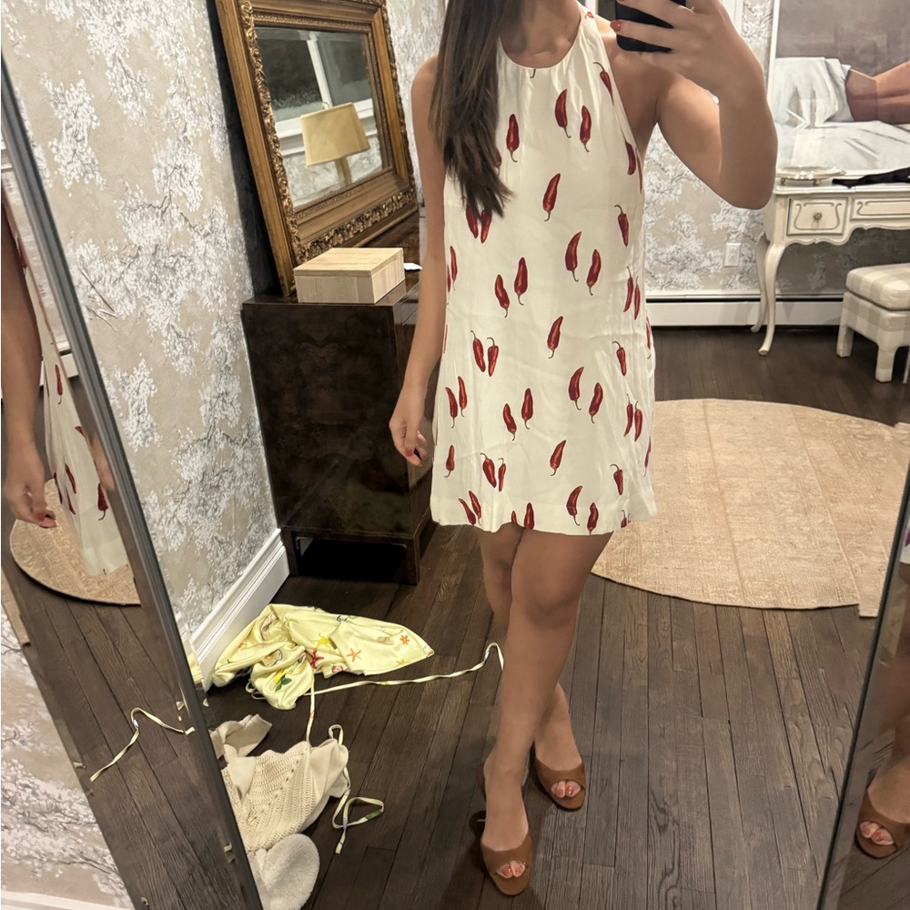 Reformation White Dress with Red Feather Pattern